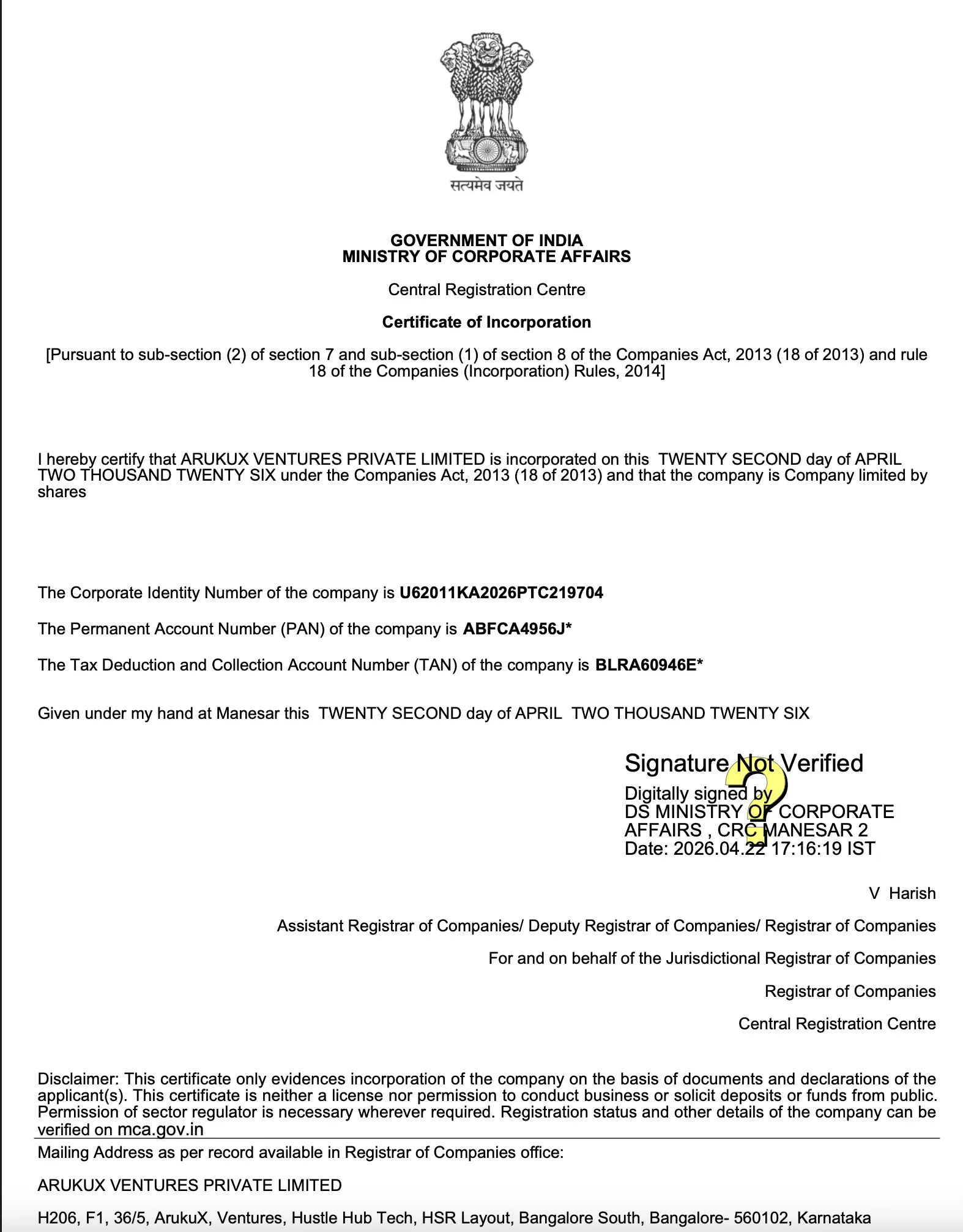 Ministry of Corporate Affairs Government Registration Certificate